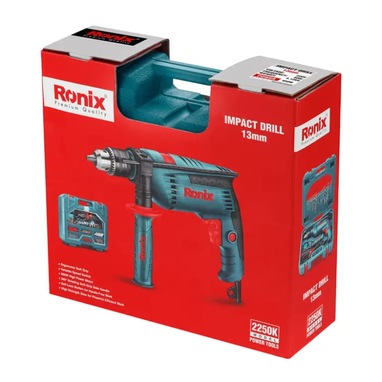 کیت دریل 13 چکشی مدل 2250k آچاری 850 وات رونیکس با لوازم با 12 ماه گارانتی ronix